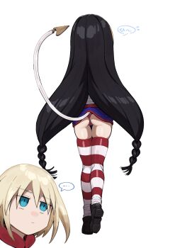 ... 2girls absurdres ass black_hair blonde_hair braid commentary_request floris highres implied_object_insertion irokohaku lessar long_hair low-braided_long_hair low-tied_long_hair mechanical_tail multiple_girls panties pantyshot striped_clothes striped_thighhighs tail thighhighs toaru_majutsu_no_index twin_braids underwear very_long_hair white_background