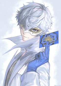 1boy absurdres amamiya_ren blue_gloves card chinese_commentary commentary_request gloves highres jacket kun_zhan_qishi male_focus maruki_takuto persona persona_5 persona_5_the_royal shirt solo tagme white_background white_hair white_jacket white_shirt