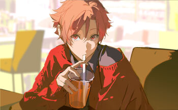 1boy blurry blurry_background cup drink drinking drinking_glass drinking_straw drinking_straw_in_mouth hair_between_eyes holding holding_cup indoors long_sleeves looking_at_viewer male_focus original pink_hair red_eyes red_sweater short_hair sitting solo sweater upper_body xiaojiaju