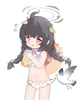 1girl ahoge bikini bikini_bottom_pull bird black_hair blue_archive blush bottle braid bright_pupils clothes_pull commentary_request flying_sweatdrops grey_halo halo hat hat_on_back highres holding holding_bottle korean_commentary leaf leaf_on_head leaf_print long_hair miyu_(blue_archive) miyu_(swimsuit)_(blue_archive) navel official_alternate_costume open_mouth print_bikini pulling_another's_clothes seagull shirousagi_(user_erwx7425) simple_background solo straw_hat swimsuit twin_braids white_background white_bikini