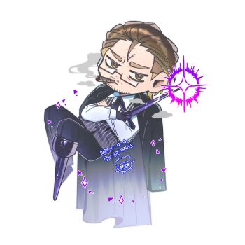 1boy babmug0416 bags_under_eyes black_jacket black_necktie brown_eyes brown_hair chibi chibi_only cigar collared_shirt crossed_arms full_body furrowed_brow gregor_(project_moon) hair_slicked_back highres holding holding_sword holding_weapon jacket jacket_on_shoulders knees_up limbus_company looking_at_viewer male_focus necktie night_awls_(identity)_(project_moon) official_alternate_costume peg_leg project_moon scar scar_on_face shirt sideburns smoke smoke_trail smoking solo striped_clothes striped_vest sword vest weapon white_shirt