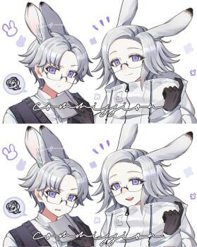 2boys age_comparison animal_ears aotsuki_eito black_gloves black_vest book chinese_commentary commentary commission dual_persona english_commentary extra_ears glasses gloves grey_hair highres holding holding_book jacket kemonomimi_mode looking_at_viewer male_focus mixed-language_commentary multiple_boys nomei purple_eyes rabbit_boy rabbit_ears ringed_eyes shirt short_hair smile split_screen spoken_squiggle squiggle the_hundred_line_-last_defense_academy- vest white_jacket white_shirt