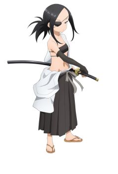 1girl anime_coloring aogiri_(kunoichi_tsubaki_no_mune_no_uchi) bare_shoulders battoujutsu_stance black_gloves black_hair black_hakama black_tube_top breasts closed_mouth collarbone elbow_gloves eyepatch fighting_stance from_side full_body gloves grey_eyes grey_sash hakama hakama_skirt holding holding_sheath holding_sword holding_weapon japanese_clothes katana kimono kunoichi_tsubaki_no_mune_no_uchi long_sleeves looking_at_viewer low_ponytail ninja official_art okuda_yousuke one_eye_covered open_clothes open_kimono parted_bangs pleated_skirt ponytail ready_to_draw saya_(scabbard) scabbard sheath sheathed sidelocks simple_background skirt small_breasts solo standing strapless sword tachi-e transparent_background tube_top v-shaped_eyebrows waraji weapon white_kimono wide_sleeves