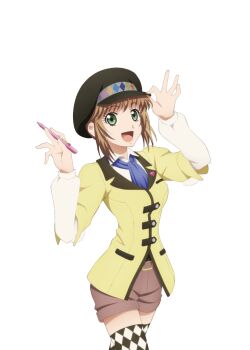 Rule 34 | 1girl, argyle clothes, argyle thighhighs, artist request, black hat, black thighhighs, blue necktie, breasts, brown hair, brown shorts, commentary, cowboy shot, game cg, green eyes, hand on own hat, hat, holding, holding pen, jacket, leia rolando, long sleeves, looking at viewer, medium breasts, necktie, official art, open mouth, peaked cap, pen, shirt, short hair, shorts, smile, solo, standing, tales of (series), tales of asteria, tales of xillia, tales of xillia 2, thighhighs, thighs, third-party source, transparent background, white shirt, yellow jacket