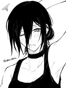 1girl arm_behind_head arm_up armpits chainsaw_man choker commentary_request greyscale hair_between_eyes hair_bun highres light_frown madaosw medium_hair monochrome one_eye_closed reze_(chainsaw_man) solo squiggle twitter_username