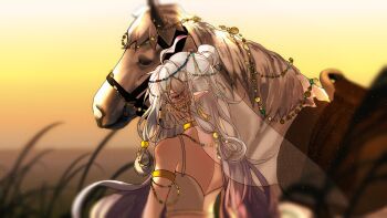 1boy ahoge androgynous animal arabian_clothes armlet arms_at_sides backless_dress backless_outfit bare_shoulders bishounen blurry blurry_background chinese_commentary commentary_request depth_of_field dress earrings from_behind gold_armlet gold_choker gold_earrings grass grey_eyes grey_hair hair_between_eyes hair_bun halftone highres horse jewelry light_particles long_hair low-tied_sidelocks male_focus no_mouth outdoors personification plants_vs._zombies plants_vs._zombies_2 pointy_ears profile see-through_clothes see-through_veil shadow_peashooter_(plants_vs._zombies) sidelocks siiiiiiiiiii single_hair_bun sky sleeveless sleeveless_dress solo spaghetti_strap sunset tall_grass tassel tassel_earrings upper_body veil very_long_hair wavy_hair white_dress white_horse white_veil yellow_sky