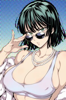 1girl bare_shoulders breasts cleavage coat collarbone covered_erect_nipples fubuki_(one-punch_man) fur-trimmed_coat fur_trim green_eyes green_hair grey_sports_bra jewelry large_breasts looking_at_viewer necklace off-shoulder_coat off_shoulder one-punch_man open_clothes open_coat parted_lips pearl_necklace polka_dot polka_dot_background short_hair solo sports_bra sunglasses syrup_shorts teeth upper_body white_background white_coat