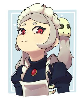 1girl apron bloody_marie_(skullgirls) blue_background brooch fang frilled_apron frills grey_hair hair_ornament heart jewelry juliet_sleeves long_sleeves looking_at_viewer maid_headdress ojiskeleton puffy_sleeves red_eyes skin_fang skull_hair_ornament skullgirls smile solo twintails upper_body upward_angle_frieren_drawing_(meme)