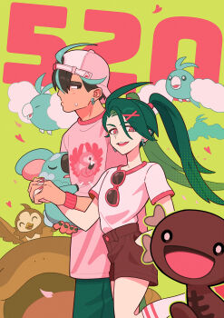 1boy 1girl alternate_hairstyle aqua_hair backwards_hat baseball_cap bird black_eyes black_hair brown_shorts clodsire commentary_request ear_piercing earrings flamigo flat_chest frown gen_3_pokemon gen_4_pokemon gen_7_pokemon hair_ornament hat highres holding holding_hands holding_poke_ball interlocked_fingers jewelry komala larry_(pokemon) multicolored_hair nicca_(nicca11y) nintendo paldean_wooper piercing pink_shirt poke_ball pokemon pokemon_(creature) pokemon_sv red_nails rika_(pokemon) shirt shirt_tucked_in short_shorts shorts starly streaked_hair swablu sweatdrop thick_eyebrows twintails two-tone_hair x_hair_ornament