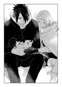 1boy 2girls baby black_gloves black_hair black_jacket black_pantyhose border boruto:_naruto_next_generations carrying carrying_baby carrying_person closed_eyes couple facial_mark family father_and_daughter feet_out_of_frame forehead_mark gloves greyscale hair_over_one_eye half-closed_eyes haruno_sakura hetero highres husband_and_wife jacket light_blush light_smile miwokirihana monochrome mother_and_daughter multiple_girls naruto_(series) open_mouth pantyhose parted_bangs screentones short_hair signature sitting smile spiked_hair uchiha_sarada uchiha_sasuke white_border