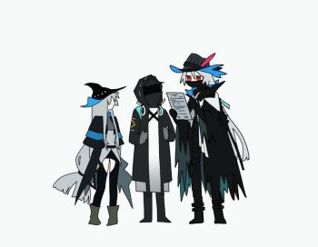 1boy 1girl 1other animated animated_gif arknights black_cape black_footwear black_gloves black_hat black_jacket boots cape chinese_commentary clothing_cutout commentary_request doctor_(arknights) flying_sweatdrops full_body gloves grey_hair hands_up hat height_difference holding holding_id_card holding_paper hood hood_up id_card jacket lanyard long_hair losia low-tied_long_hair mask mouth_mask paper red_eyes simple_background skadi_(arknights) thigh_cutout thumbs_up torn_cape torn_clothes ulpianus_(arknights) unworn_lanyard very_long_hair white_background writing