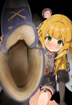 1girl absurdres animal_ear_fluff animal_ears barefoot blonde_hair blush boots brown_gloves closed_mouth collared_shirt colored_inner_hair commentary elbow_gloves embarrassed eyelashes footwear_focus gloves green_eyes grey_hair grey_shirt high-waist_shorts highres holding jacket ju_fufu knees_together_feet_apart looking_at_viewer multicolored_hair namukot open_clothes open_jacket shirt short_eyebrows short_shorts shorts sitting smell soles solo thigh_strap thighs twitter_username unworn_boots v-shaped_eyebrows yellow_jacket zenless_zone_zero