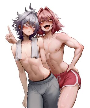 2boys :d absurdres ahoge astolfo_(fate) bare_legs blush collarbone dolphin_shorts drawstring fangs fate/apocrypha fate_(series) grey_hair grey_pants groin hair_between_eyes hair_intakes hairband hand_on_own_hip highres hyacihyaci index_finger_raised looking_at_another male_focus multicolored_hair multiple_boys navel non-web_source open_mouth pants pectorals pink_hair pink_shorts purple_eyes red_eyes short_shorts shorts sieg_(fate) simple_background single_hair_streak skin_fangs smile stomach streaked_hair toned toned_male topless_male towel towel_around_neck trap two-tone_hair white_background white_hairband yaoi