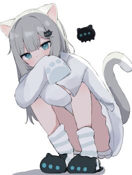 1girl absurdres animal_ears aqua_eyes full_body grey_hair grey_tail hair_ornament hennyano_(nachoneko) highres indie_virtual_youtuber long_hair long_sleeves looking_at_viewer nachoneko nekosakaaa shirt slippers socks solo squatting tail virtual_youtuber white_background white_shirt white_socks