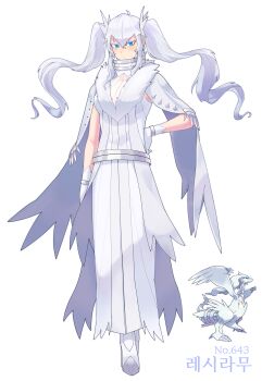 1girl absurdres blue_eyes dress full_body gen_5_pokemon hair_between_eyes hand_on_own_hip highres legendary_pokemon long_hair looking_at_viewer nintendo personification pokedex_number pokemon pokemon_(creature) qumyak reshiram shoes sidelocks simple_background twintails very_long_hair white_background white_dress white_shoes