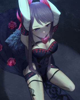 1girl breasts cleavage commentary_request fascinator fire_emblem fire_emblem_engage fishnet_thighhighs fishnets ivy_(fire_emblem) jack09 large_breasts long_hair nintendo purple_eyes purple_hair solo spiked thighhighs