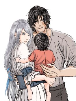 1girl 2boys beard_stubble black_hair blue_eyes blue_ribbon braid child clive_rosfield couple dress facial_hair facial_scar family father_and_son final_fantasy final_fantasy_xvi grey_eyes grey_hair grey_shirt hair_ribbon hand_on_another&#039;s_waist hetero highres horoq3 if_they_mated jill_warrick long_hair looking_at_another low-tied_long_hair mother_and_son multiple_boys parted_lips red_shirt ribbon scar scar_on_cheek scar_on_face shirt short_hair side_braid sleeves_rolled_up smile stubble swept_bangs upper_body white_background white_dress