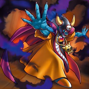 Rule 34 | 1boy, artist request, blue skin, cape, colored skin, dragon quest, dragon quest iii, dragon quest rivals, fake horns, fingernails, game cg, helmet, highres, horned helmet, horns, jewelry, looking to the side, male focus, monster boy, necklace, official art, open mouth, orange robe, purple cape, red eyes, resized, robe, sharp fingernails, sharp teeth, skull necklace, solo, teeth, third-party source, third eye, upscaled, zoma