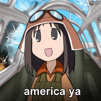 Rule 34 | 1girl, 50bmg, :d, absurdres, aircraft, airplane, america ya (meme), artist name, aviator cap, azumanga daiou, black eyes, black hair, blue sky, brown hat, brown jacket, cockpit, commentary, crack, cracked glass, english commentary, english text, goggles, goggles on head, green vest, hat, highres, jacket, japan, kasuga ayumu, meme, military uniform, open mouth, pilot suit, sky, smile, solo, vest, world war ii
