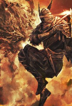 1boy 1other absurdres arm_mounted_weapon blue_surcoat boots cape cerberus commentary_request dagger elden_ring elden_ring_nightreign explosion fire full_body gladius_(elden_ring) gloves glowing glowing_eyes graffitigw helmet highres incoming_attack jumping knife legs_up limited_palette monster orange_theme solo_focus weapon winged_helmet wylder_(elden_ring)