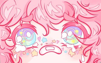 1girl androgynous artist_self-insert bandaid bandaid_on_face bandaid_on_nose blue_eyes bright_pupils close-up commentary crying crying_with_eyes_open english_commentary eye_focus highres looking_at_viewer original pastel_colors pink_hair portrait redrawn spybblez spybblez_(character) star_(symbol) sticker sticker_on_face tears white_pupils yume_kawaii