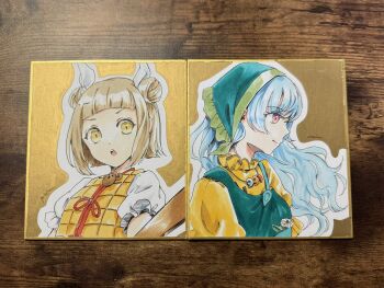 2girls :o apron arm_ribbon armor armored_dress blonde_hair blue_hair closed_mouth double_bun dress green_apron green_headscarf green_hood green_scarf hair_bun hair_ribbon haniwa_(statue) haniyasushin_keiki happy headscarf highres jewelry joutouguu_mayumi long_hair magatama magatama_necklace multiple_girls necklace poteimo_(poteimo622) puffy_short_sleeves puffy_sleeves purple_eyes ribbon scarf shirt short_hair short_sleeves single_strap smile tools touhou traditional_media very_long_hair wavy_hair white_ribbon white_shirt wood_carving_tool yellow_dress yellow_eyes yellow_sleeves