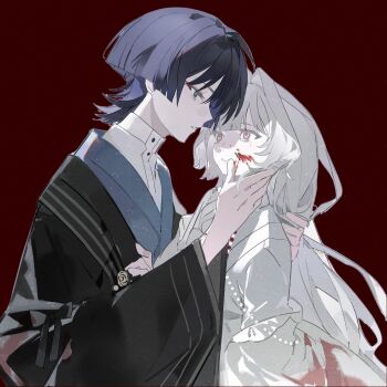 1boy 1girl artist_request black_bow black_hair black_haori black_sleeves blood blood_on_clothes blood_on_face blue_kimono blunt_bangs bow colored_inner_hair colored_skin commission commissioner_insert eyelashes eyeliner eyeshadow genshin_impact grey_eyes hair_intakes hand_on_another&#039;s_back hand_on_another&#039;s_chest hand_on_another&#039;s_face hand_up haori hayami_momo_(hayamimomo) height_difference highres japanese_clothes kimono long_hair long_sleeves looking_at_another makeup mandarin_collar multicolored_hair open_mouth original pale_skin purple_hair red_background red_eyeliner red_eyeshadow scaramouche_(genshin_impact) sideways_mouth swept_bangs tearing_up tears undershirt watermark watermark_grid white_hair white_kimono white_mouth white_skin white_sleeves
