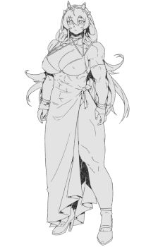 1girl abs barghest_(fate) biceps bracelet breasts choker commentary_request criss-cross_halter detached_sleeves dress fate/grand_order fate_(series) full_body greyscale halterneck high_heels horns jewelry korean_commentary large_breasts long_hair looking_at_viewer minew monochrome muscular muscular_female side_slit solo thick_thighs thighs