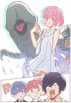 Rule 34 | 1girl, 3boys, atlus, black hair, blue hair, catherine: full body, catherine (game), company connection, crossdressing, crossdressing (mtf), crossover, demon (megami tensei), dress, finger to mouth, gekkoukan high school uniform, mara (megami tensei), multiple boys, necktie, nervous sweating, open mouth, paitan1007, persona, persona 3, persona 3 portable, phallic symbol, pink hair, rectangular mouth, red hair, rin (catherine), sailor collar, school uniform, shiomi kotone, sleeveless, sleeveless dress, sweat, vincent brooks, yuuki makoto (persona 3)