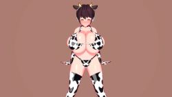 1girl 20s 3d animal_ears animal_print animated ass audible_music back bandai bell belt bikini blush bouncing_breasts breasts brown_background brown_eyes brown_hair bursting_breasts cleavage collar cow_ears cow_horns cow_print cow_print_bikini cow_print_gloves cow_tail cowbell dancing elbow_gloves female_focus gloves happy harimau_mmd2 headset horns huge_breasts idolmaster idolmaster_cinderella_girls looking_at_viewer matching_hair/eyes midriff mikumikudance_(medium) multiple_views music namco navel neck_bell oikawa_shizuku plump print_bikini print_gloves short_hair side-tie_bikini_bottom simple_background singing skindentation smile sound swimsuit tail thick_thighs thighhighs thighs video wide_hips