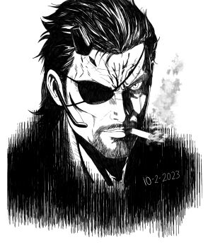 Rule 34 | 1boy, arusanda, cigarette, commentary, dated, english commentary, eyepatch, facial hair, furrowed brow, goatee, headset, highres, horns, male focus, mature male, metal gear (series), metal gear solid v: the phantom pain, monochrome, portrait, scar, scar across eye, scar on face, single horn, smoke, smoking, solo, temporal hairline, venom snake