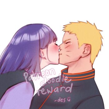 Rule 34 | 1boy, 1girl, adversarial noise, artist name, black jacket, blonde hair, blush, boruto: naruto next generations, closed eyes, commentary, english commentary, facial mark, hetero, husband and wife, hyuuga hinata, iamdslr, jacket, kiss, naruto (series), purple hair, uzumaki naruto, watermark, whisker markings