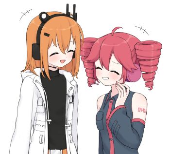 +++ 2girls a.i._voice adachi_rei black_shirt closed_eyes detached_sleeves drill_hair grey_shirt hand_up headset highres jacket kasane_teto long_sleeves medium_hair multiple_girls open_clothes open_jacket open_mouth orange_hair red_hair shirai_sahuni shirt simple_background sleeveless sleeveless_shirt smile twin_drills upper_body utau white_background white_jacket