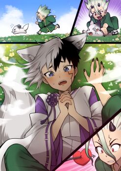 animal animal_ears asagiri_gen black_nails blue_eyes blush catching crying dcon_34 dr._stone fox_ears fox_tail green_hair green_kimono highres holding holding_animal ishigami_senkuu japanese_clothes kimono kitsune magic multicolored_hair on_grass oni open_mouth praying red_eyes tail yaoi