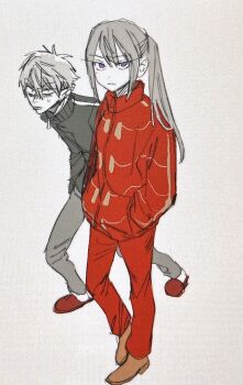 1boy 1girl black_jacket grey_hair hands_in_pockets highres higuchi_kaede jacket kuzuha_(1st_costume)_(nijisanji) kuzuha_(nijisanji) long_hair looking_at_viewer mole mole_under_eye nijisanji pants pointy_ears ponytail purple_eyes slippers track_jacket track_pants track_suit traditional_media virtual_youtuber yakushijima