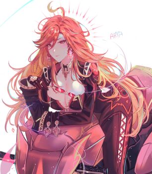 1girl a_r_i_a absurdres ahoge arm_rest artist_name biker_clothes bikesuit black_bodysuit black_gloves bodysuit breasts cleavage closed_mouth commentary_request cowboy_shot earrings genshin_impact gloves gradient_hair highres holding holding_removed_eyewear large_breasts leaning_forward long_hair long_sleeves looking_at_viewer mavuika_(genshin_impact) motor_vehicle motorcycle multicolored_hair on_motorcycle orange_hair orange_pupils red-tinted_eyewear red_eyes red_hair simple_background solo sun_earrings sunglasses symbol_in_eye tinted_eyewear unworn_eyewear very_long_hair white_background