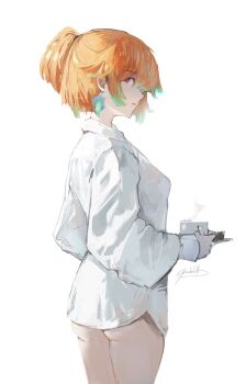 1girl ass breasts commentary cup earrings english_commentary feather_earrings feathers from_behind gradient_hair green_hair highres holding holding_cup hololive hololive_english jewelry looking_back medium_breasts multicolored_hair naked_shirt orange_hair ponytail purple_eyes shadelett shirt short_ponytail simple_background solo takanashi_kiara virtual_youtuber white_background white_shirt