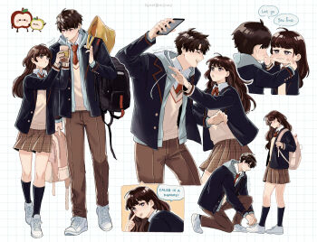 1boy 1girl anger_vein apple backpack bag black_bag black_jacket black_socks bow bowtie brown_eyes brown_hair brown_pants brown_skirt bubble_tea caleb_(love_and_deepspace) cheek_pinching chibi chibi_inset collared_shirt commentary cup drinking english_commentary food fruit full_body grid_background hair_between_eyes highres holding holding_cup holding_phone jacket long_hair love_and_deepspace multiple_views necktie nijinoji pants phone pinching pink_bag plaid_clothes plaid_skirt protagonist_(love_and_deepspace) red_bow red_bowtie red_necktie school_uniform shirt shoes short_hair shoulder_bag skirt sneakers socks sweater tongue tongue_out tying_footwear upper_body white_shirt white_shoes