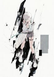 Rule 34 | 1girl, abstract background, bang dream!, bang dream! it&#039;s mygo!!!!!, black footwear, boots, closed eyes, commentary request, full body, grey background, grey hair, grey skirt, highres, holding, holding microphone, jacket, kushima yu, long sleeves, microphone, music, o-ring, o-ring thigh strap, off shoulder, open mouth, sailor collar, short hair, singing, skirt, takamatsu tomori, thigh strap, white jacket