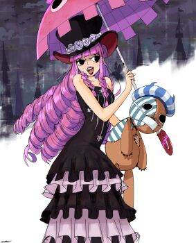 1girl bare_shoulders bat_(animal) black_dress black_eyes black_nails blunt_bangs braid commentary dress drill_hair flower frilled_dress frills hat highres holding holding_umbrella kumacy long_hair looking_to_the_side mask mouth_mask oestart one_piece open_mouth perona pink_hair pink_umbrella sidelocks smile umbrella white_dress white_flower