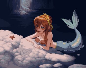 1girl arrow_through_heart bare_shoulders bikini blush_stickers brown_eyes brown_hair cave commentary dark long_hair merfolk mermaid monster_girl pixel_art shell shell_bikini solo starfish swimsuit thisislux walt_disney's_peter_pan