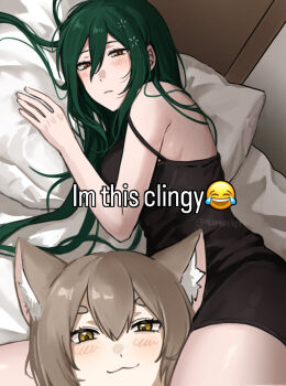 1boy 1girl :3 absurdres animal_ear_fluff artist_name bed black_nightgown brown_hair cat_boy commentary crusch_karsten english_commentary english_text felix_argyle green_hair head_between_thighs highres i&#039;m_this_clingy_(meme) light_frown long_hair looking_at_viewer lying meme meomeo0303 messy_hair nightgown on_side photo-referenced pillow re:zero_kara_hajimeru_isekai_seikatsu short_hair twitter_username