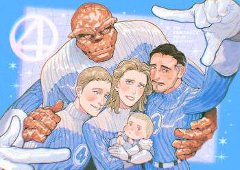 1girl 4boys baby ben_grimm blonde_hair blue_bodysuit blue_eyes bodysuit brother_and_sister closed_mouth elasticity facial_hair family fantastic_four father_and_son franklin_richards gloves group_hug highres hug husband_and_wife johnny_storm looking_at_viewer marvel mii_(lvhrsmnt) mother_and_son multicolored_bodysuit multiple_boys reed_richards short_hair siblings smile sue_storm superhero_costume the_fantastic_four:_first_steps two-tone_bodysuit uncle_and_nephew