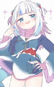 1girl animal_hood blue_eyes blue_hair blue_hoodie blunt_bangs blush cowboy_shot fang fins fish_tail gawr_gura grey_hair hair_ornament hand_on_own_hip highres hololive hololive_english hood hoodie inaririn long_hair long_sleeves looking_at_viewer medium_hair multicolored_hair open_mouth shark_girl shark_hair_ornament shark_tail simple_background smile smug solo sparkle streaked_hair tail two_side_up v virtual_youtuber white_background wide_sleeves