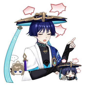 ... 1boy 1girl armor black_bodysuit black_bridal_gauntlets blank_speech_bubble blue_cape blue_eyes blue_gemstone blue_hair blue_hat blue_kimono blue_sleeves blunt_bangs blunt_ends bodysuit bridal_gauntlets brown_hair cape chibi chibi_inset closed_eyes commentary cropped_torso derivative_work disembodied_head english_commentary eyeliner eyeshadow facing_to_the_side gem genshin_impact gold hand_up hat highres index_finger_raised japanese_armor japanese_clothes jingasa jitome juban kimono kote kurokote layered_sleeves looking_at_another makeup mandarin_collar melyuuto open_clothes open_kimono open_mouth red_eyeliner red_eyeshadow reference_inset sandrone_(genshin_impact) scaramouche_(genshin_impact) short_hair short_sleeves speech_bubble spoken_ellipsis swept_bangs twitter_username vision_(genshin_impact) wanderer_(genshin_impact) white_background white_headdress white_kimono white_sleeves white_trim wispy_bangs