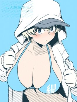 Rule 34 | 1girl, bikini, blonde hair, blue background, blue bikini, blue eyes, blush, breasts, cleavage, closed mouth, collarbone, commentary request, girls und panzer, hood, hoodie, large breasts, looking at viewer, oosaka kanagawa, short hair, simple background, solo, swimsuit, upper body, youko (girls und panzer)