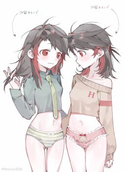 2girls :3 black_hair bow bow_panties breasts brown_sweater chinese_commentary colored_inner_hair commentary_request cowboy_shot crop_top curtained_hair dual_persona genderswap genderswap_(mtf) green_necktie green_panties green_shirt hand_in_own_hair highres lace lace-trimmed_panties lace_trim long_sleeves looking_at_another medium_hair mole mole_under_eye multicolored_hair multiple_girls navel nayaur0903 necktie no_pants off-shoulder_sweater off_shoulder ooe_(game) panties pink_panties red_eyes red_hair shiodome_(ooe) shirt simple_background single_off_shoulder sleeves_past_wrists small_breasts striped_clothes striped_panties sweater tongue tongue_out underwear white_background white_bow