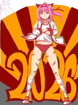 1girl 2026 animal_ears bandaid bandaid_on_leg bow buruma collarbone commentary crossed_arms ear_bow ear_covers english_commentary fingerless_gloves flower-shaped_pupils flower_in_eye gloves haru_urara_(bestest_prize)_(umamusume) haru_urara_(umamusume) headband highres horse_ears horse_girl jacket long_hair looking_at_viewer midriff_peek no_tail pink_buruma pink_eyes pink_hair pink_headband ponytail red_buruma red_gloves red_headband seong_(wltjdfnfn) shirt shoes socks solo striped_clothes striped_socks symbol-shaped_pupils symbol_in_eye umamusume white_jacket white_shirt