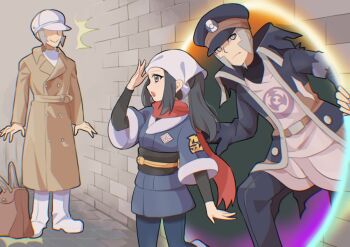 1girl 2boys akari_(pokemon) bag black_coat black_hair black_hat black_sash brothers brown_coat closed_mouth coat emmet_(pokemon) eyelashes galaxy_expedition_team_survey_corps_uniform grey_eyes grey_hair hat headscarf high_collar ingo_(pokemon) jacket long_hair mizuiro123 multiple_boys necktie nintendo open_mouth pants pantyhose peaked_cap pearl_clan_outfit pokemon pokemon_bw pokemon_legends:_arceus ponytail portal_(object) red_scarf sash scarf shirt short_hair siblings sidelocks smile striped_coat torn_clothes torn_coat twins white_hat white_headscarf white_shirt