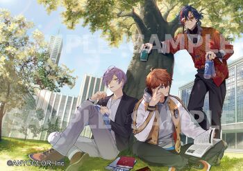 3boys 3skm_(nijisanji) bead_necklace beads belt black_footwear black_jacket black_nails black_pants blue_eyes blue_hair book bottle braid brown_footwear brown_jacket building closed_mouth cloud concentrating copyright_notice cup curtained_hair dark_blue_hair day disposable_cup drawstring earrings finger_to_head folded_ponytail full_body giving gr_giri grey_hoodie grey_pants hair_between_eyes hair_over_one_eye hand_up holding holding_book holding_bottle holding_cup hood hood_down hoodie indian_style jacket jewelry kaisei_(nijisanji) kitami_yusei knee_up lapels leaning_forward letterman_jacket long_sleeves male_focus multicolored_hair multicolored_jacket multiple_boys multiple_rings nail_polish necklace nijisanji notched_lapels notebook official_art on_grass open_book orange-tinted_eyewear orange_hair outdoors pants parted_lips purple-tinted_eyewear purple_hair reading red_belt red_hair red_shirt ring sakaki_ness sample_watermark shirt shirt_partially_tucked_in shoe_soles shoes short_hair side_braid sitting smile sneakers standing streaked_hair tinted_eyewear tree tree_shade turtleneck two-tone_jacket under_tree undershirt v-neck virtual_youtuber water_bottle watermark white_jacket white_shirt wing_collar